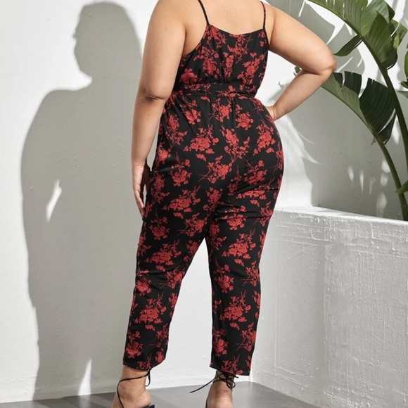 Plus Floral Print Surplice Belted Cami Jumpsuit - Picture 2 of 4